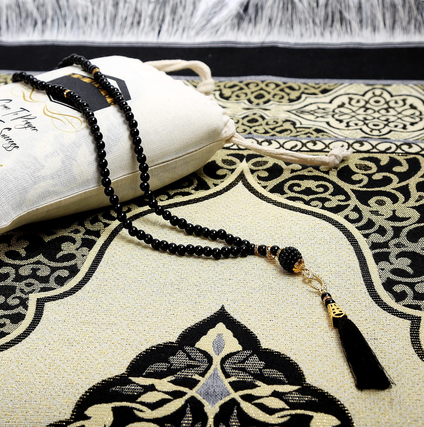 ESERRA Muslim Prayer Rug - 99 Beads & Cap Included, Islam Prayer Mats for Men, Women & Kids (Black)