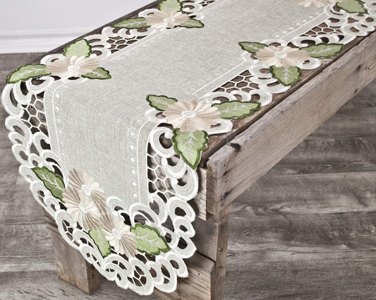 LINENS ART AND THINGS Embroidered Table Runner Gold Daisy Fleur Latte Dresser Scarf Doily (15Wx34L)