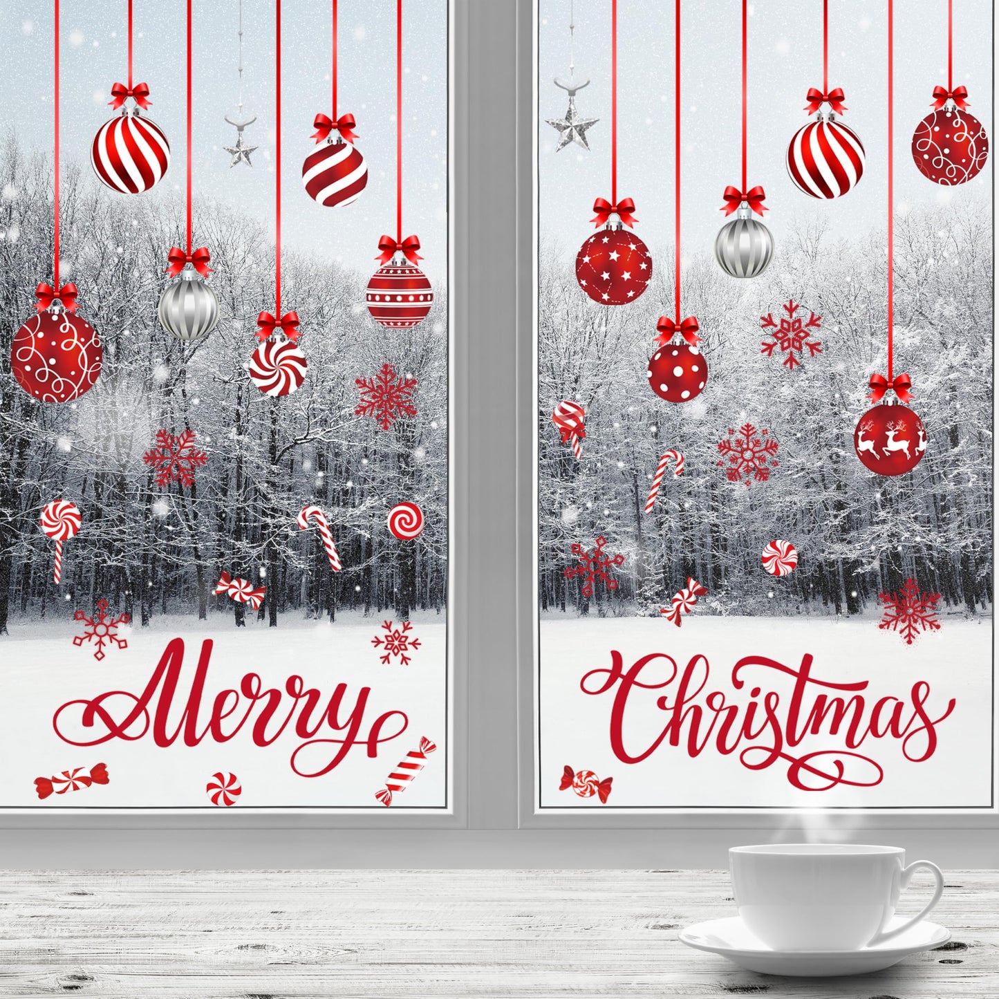 Christmas Window Clings, Merry Christmas Ball Candy Snowflake Decals Stickers, Removable Happy New Year Window Decorations for Glass Windows Xmas Holiday Home Office Decor