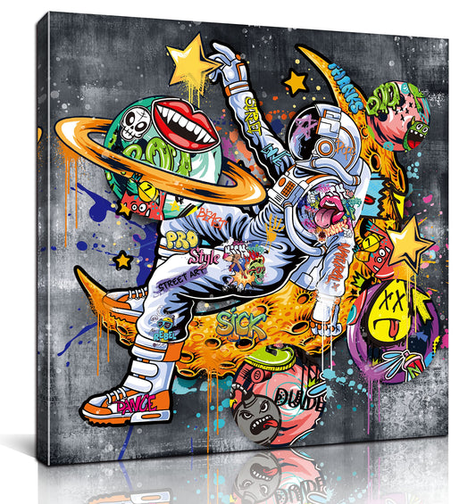 Kepgonegu Funny Wall Art Astronauts Graffiti Canvas Wall Art Outer Space Picture for Bedroom Bathroom Living Room Size 20" W x 20" H