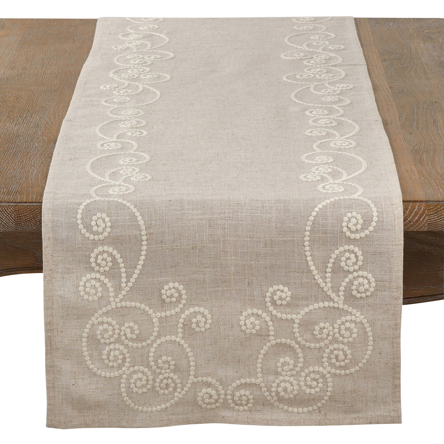 SARO LIFESTYLE 001.N1690B Augustina Collection Embroidered Swirl Design Linen Blend Table Runner, 16" x 90", Natural