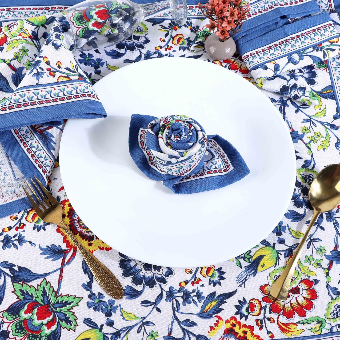 Fingercraft Cloth Napkins, Set of 12 Cotton Linen Blend Printed Dinner Napkins Cloth Mitered Corner Perfect for Parties Dinners Weddings Cocktail Christmas 20x20 Blue Floral