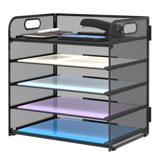 Supeasy 5 Trays Paper Organizer Letter Tray with Handle-Mesh Desk File Holders, Paper Sorter Desk Organizer for Office, Home, Classroom or School