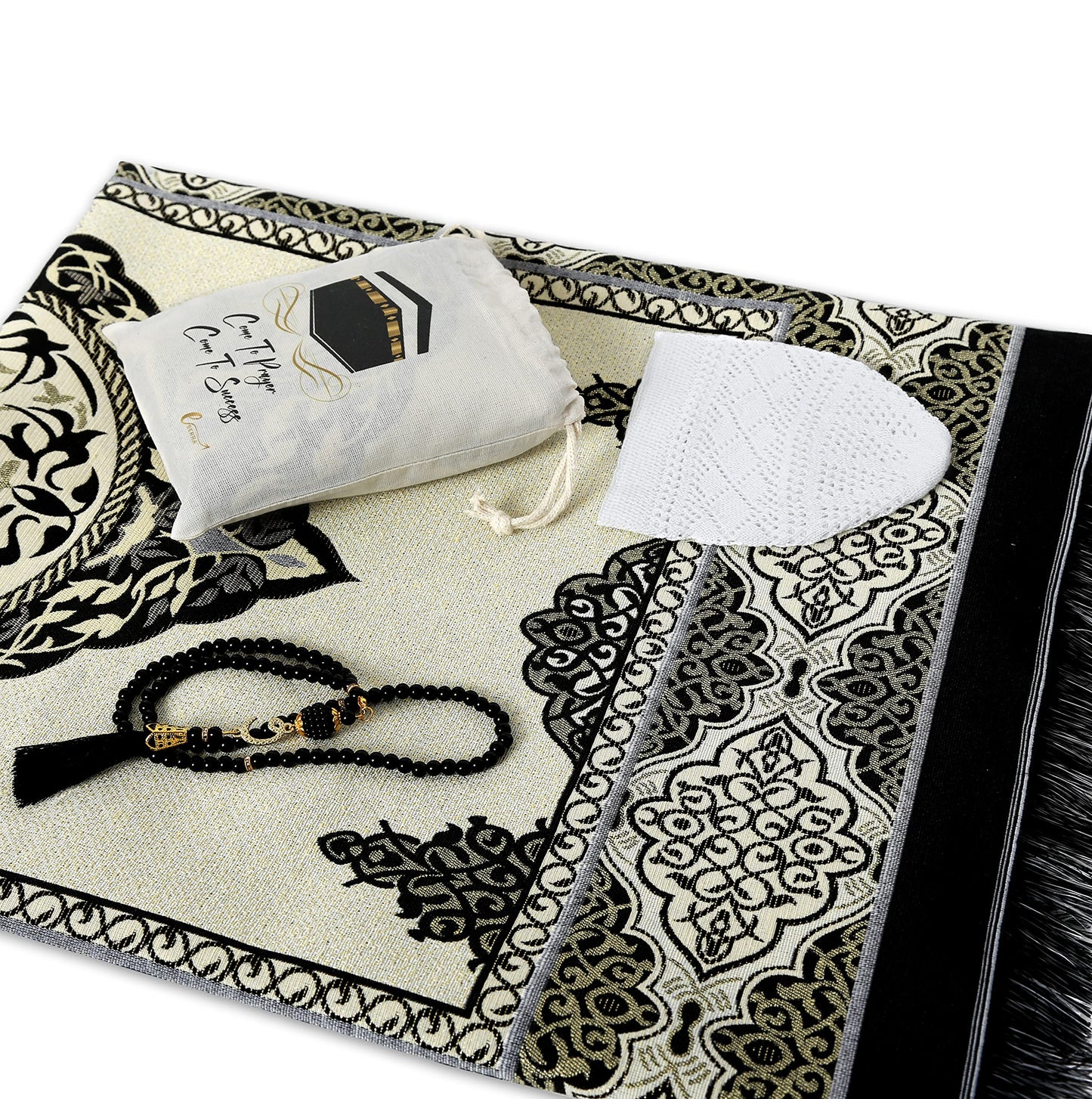 ESERRA Muslim Prayer Rug - 99 Beads & Cap Included, Islam Prayer Mats for Men, Women & Kids (Black)