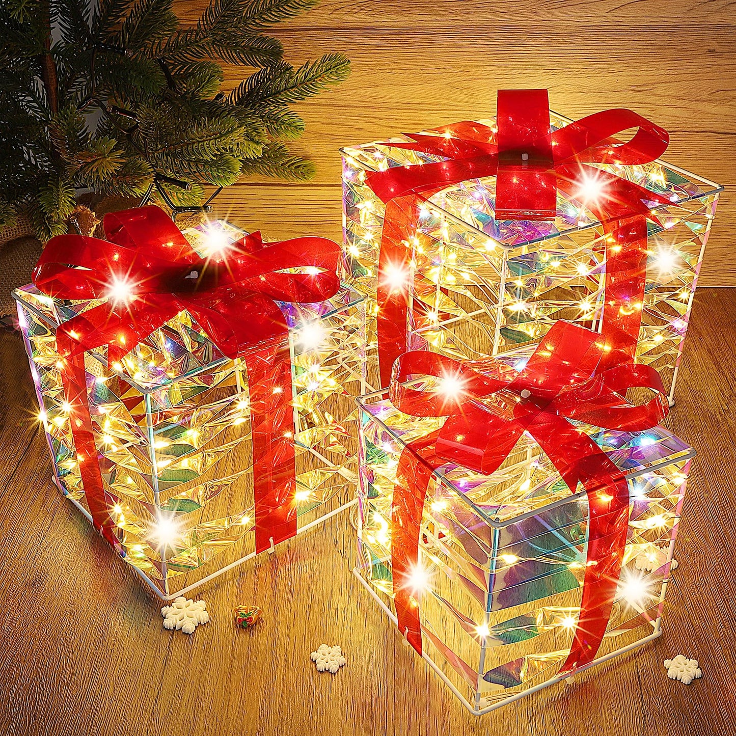 Lulu Home Set of 3 Christmas Lighted Gift Boxes, Pre-lit 140 LEDs Light Up Boxes with Red Bows, Plug-in Lighted Xmas Boxes with Timer for Christmas Trees Holiday Display Party Indoor Yard Lawn Decors
