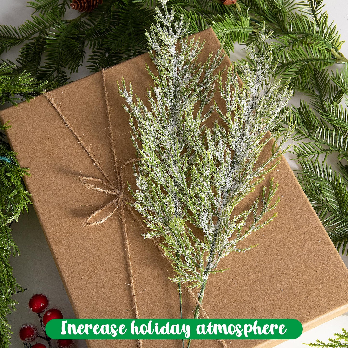 Alpurple 30 Pcs Christmas Snow Frosted Pine Branches- 13.5" Snowy Artificial Pine Needles Branches Twigs- Greenery Ceder Sprigs Pine Picks Stems for Christmas Wreath Home Garden Decoration