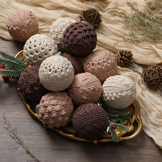 Syhood 12 Pcs Farmhouse Crochet Christmas Ornaments 4 Styles 3.15" Handmade Vintage Rustic Crochet Knitted Christmas Ball Ornaments for Xmas Tree Party Decoration (Light Khaki, Light Brown, Brown)