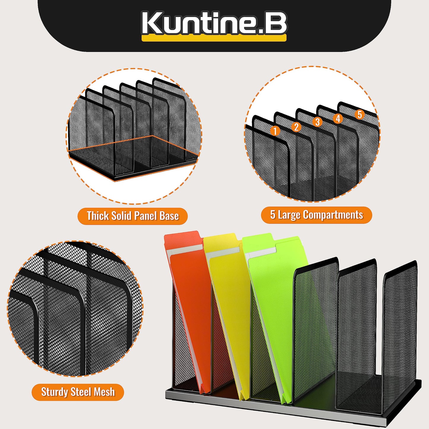 Kuntine.B Desk File Organizer 5 Sections Upright Mesh Desktop Organizer File Sorter Office Organization File Holder for Home, Office & Classroom