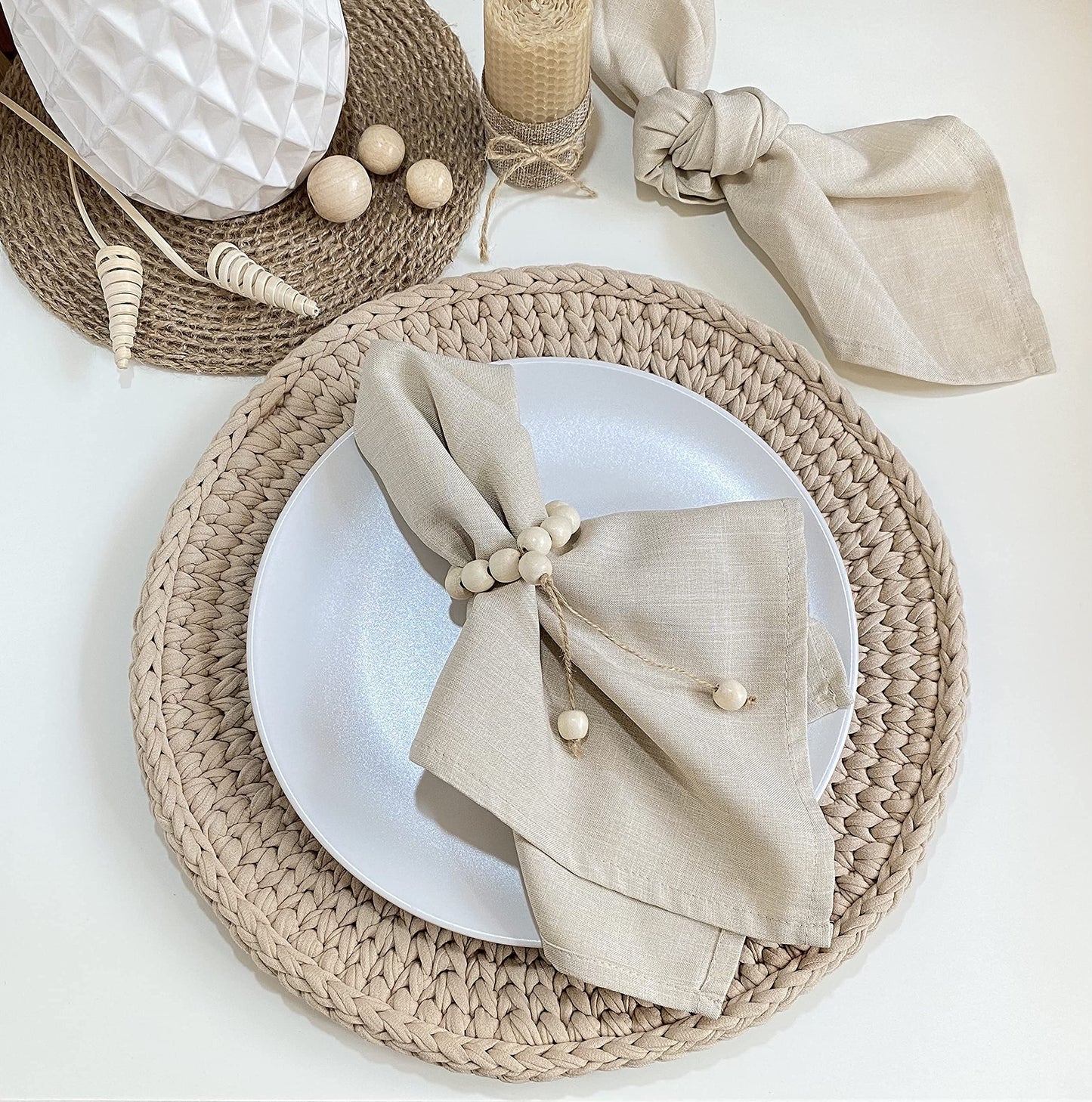 LEBEJUA Handmade Napkin Ring with Wood Beads & Jute Twine - Affordable Rustic Wooden Napkin Ring Holder for Table Decoration | Boho Style Farmhouse Napkin Rings | Napkin Rings Set of 6