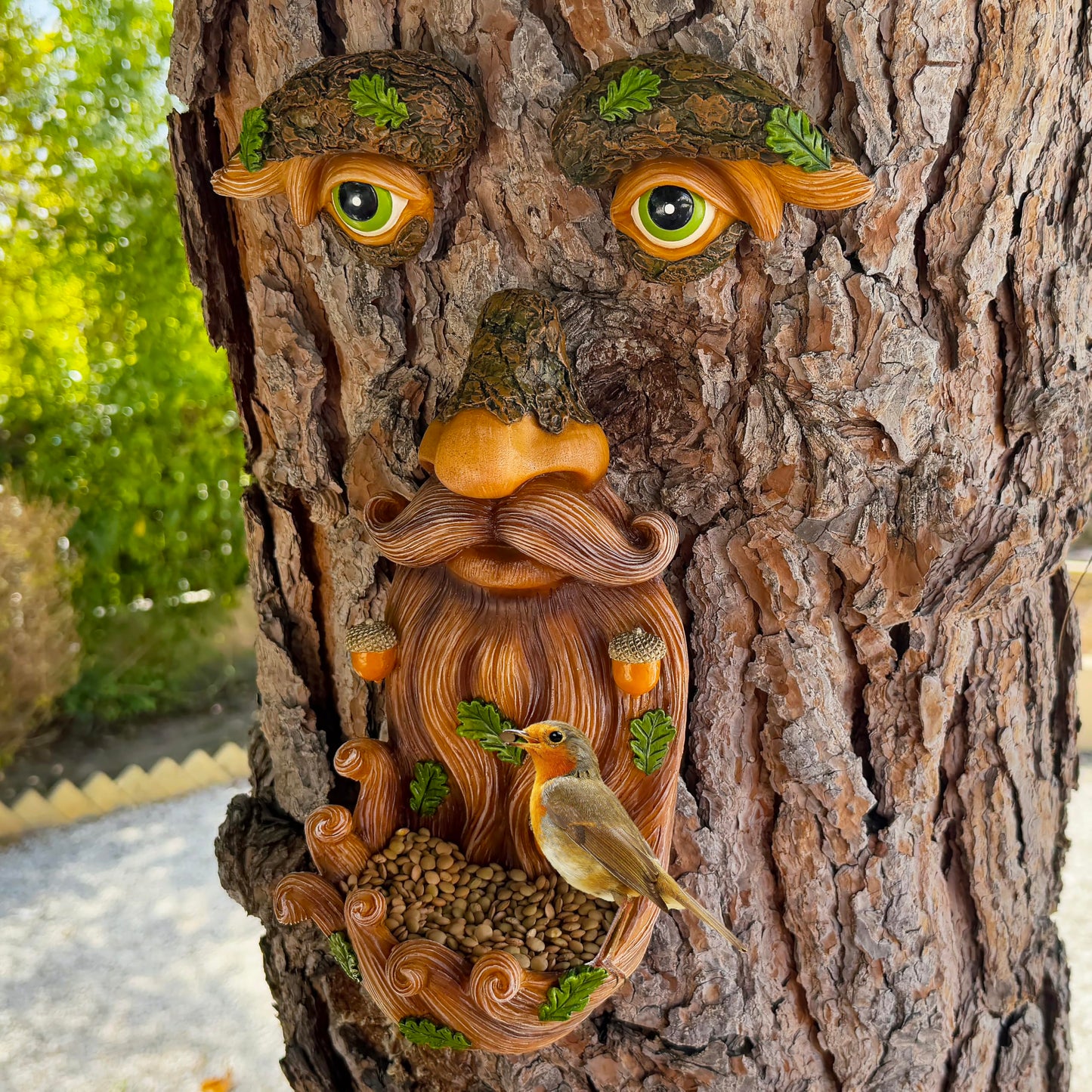 Mood Lab Tree Face Decor - Outdoor Bird Feeder with Acorns - Old Man Tree Face Garden Hugger Decoration