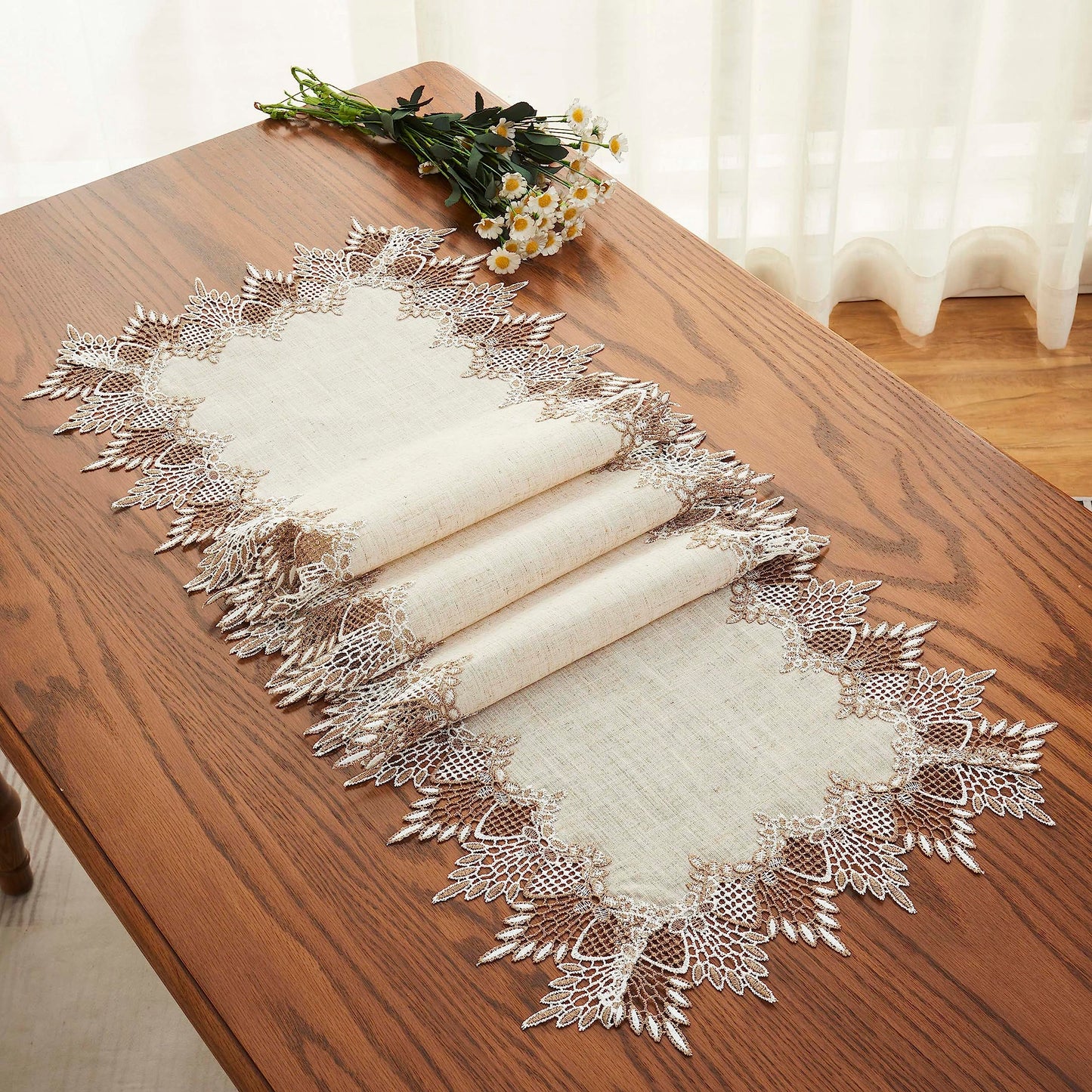 Raedan Natural Linen Table Runner 72 inches Neutral Earth Tones Beige Lace Coffee Table Runners Dresser Scarf for Easter Spring Summer Kitchen Wedding Party, Machine Washable (Natural, 16”x72”)